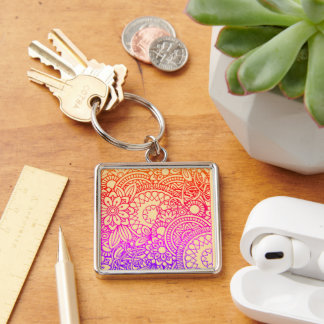 Orange Purple Flowers and Soft Peach Background Key Ring