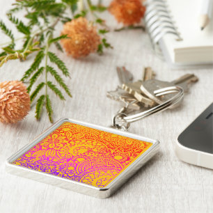 Orange Purple Flowers and Yellow Background K Key Ring