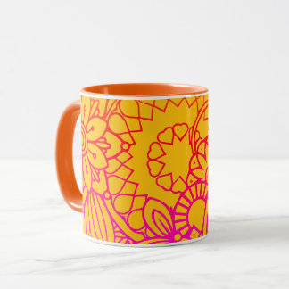Orange Purple Flowers and  Yellow Background   Mug