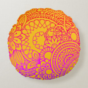 Orange Purple Flowers and Yellow Background Rou Round Cushion