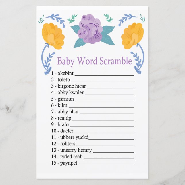 Orange Purple Flowers Baby word scramble game (Front)