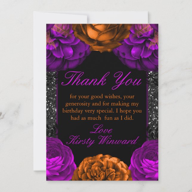 Orange Purple Flowers Halloween Birthday Party Thank You Card (Front)