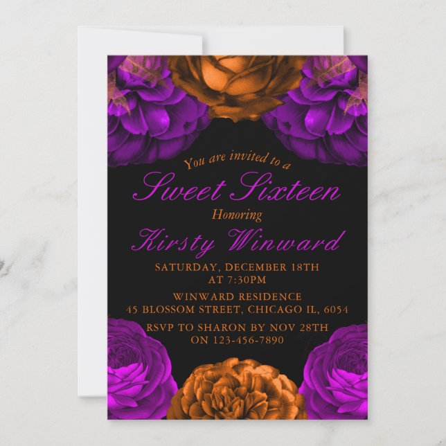 Orange Purple Flowers Halloween Sweet 16 Invitation (Front)