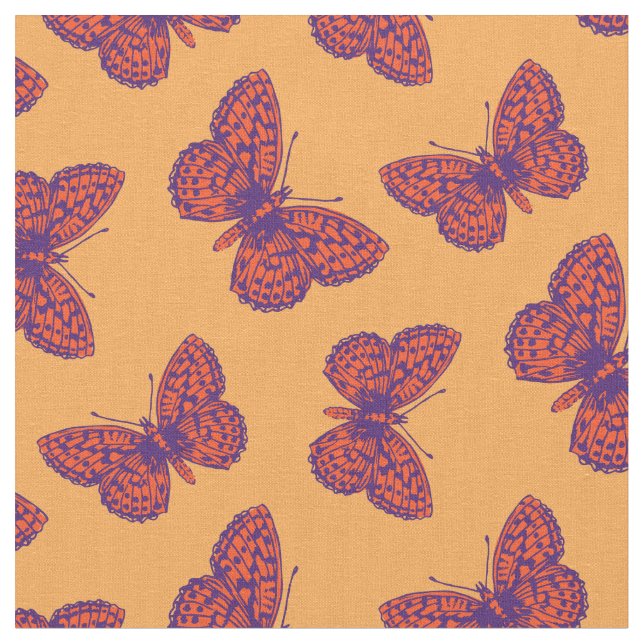 Orange purple inked fritillary butterfly fabric (Close Up)