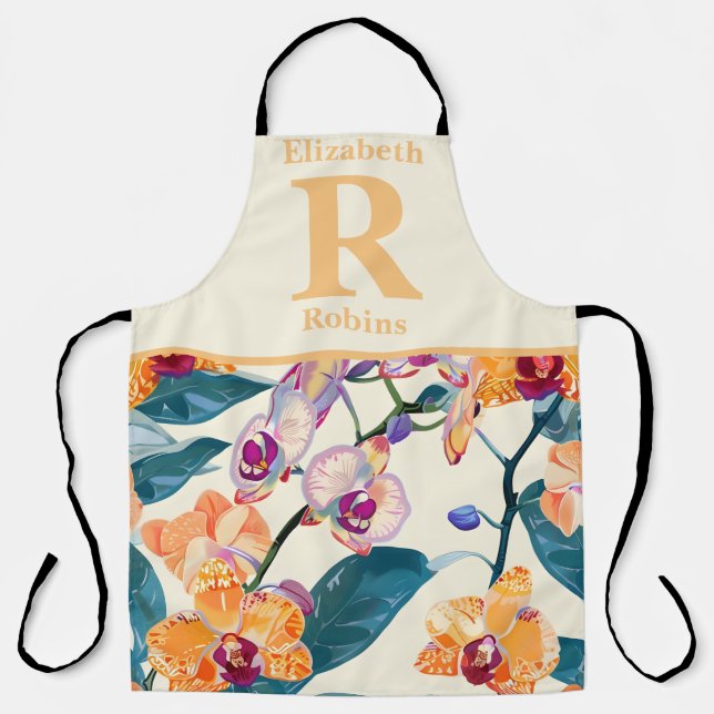 Orange purple orchid flowers personalised  apron (Front)