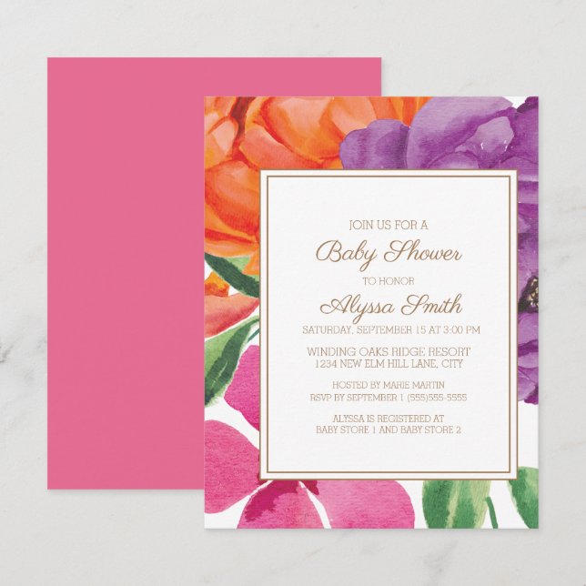 Orange Purple Pink Floral Baby Shower Invitation (Front/Back)
