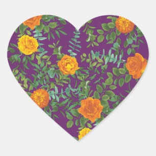 Orange & Purple Plum Peony & Rose Floral Wedding Heart Sticker