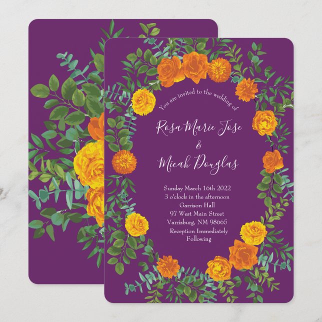 Orange Purple Plum Peony Rose Floral Wedding Invitation (Front/Back)