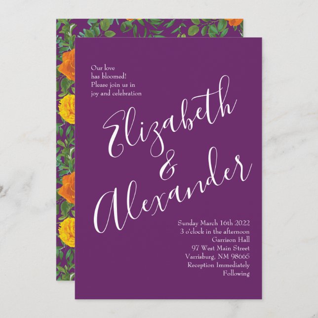 Orange & Purple Plum Peony & Rose Floral Wedding Invitation (Front/Back)