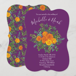 Orange & Purple Plum Peony & Rose Floral Wedding Invitation