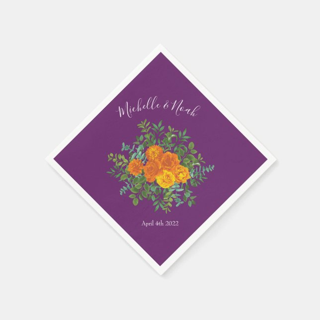 Orange & Purple Plum Peony & Rose Floral Wedding Napkin (Corner)