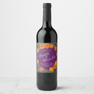 Orange & Purple Plum Peony & Rose Floral Wedding Wine Label