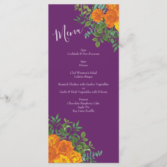 Orange & Purple Plum Peony & Rose Wedding Menu (Front)