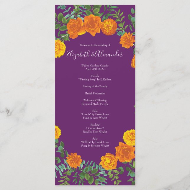 Orange Purple Plum Peony Rose Wedding Programs Menu (Front)