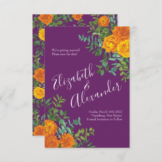 Orange Purple Plum Peony Rose Wedding Save Date Invitation (Front/Back)