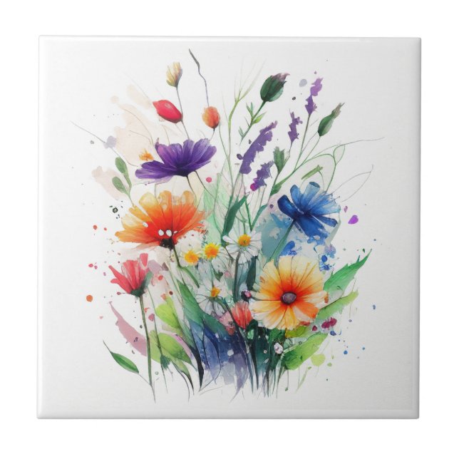Orange Purple Red Blue Watercolor Flowers Tile (Front)