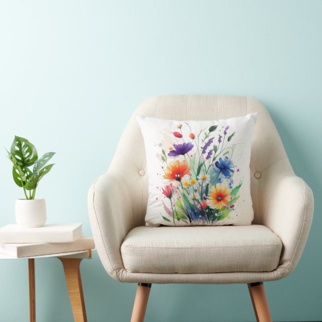 Orange Purple Red Blue Watercolor Wildflowers Cushion (Chair)