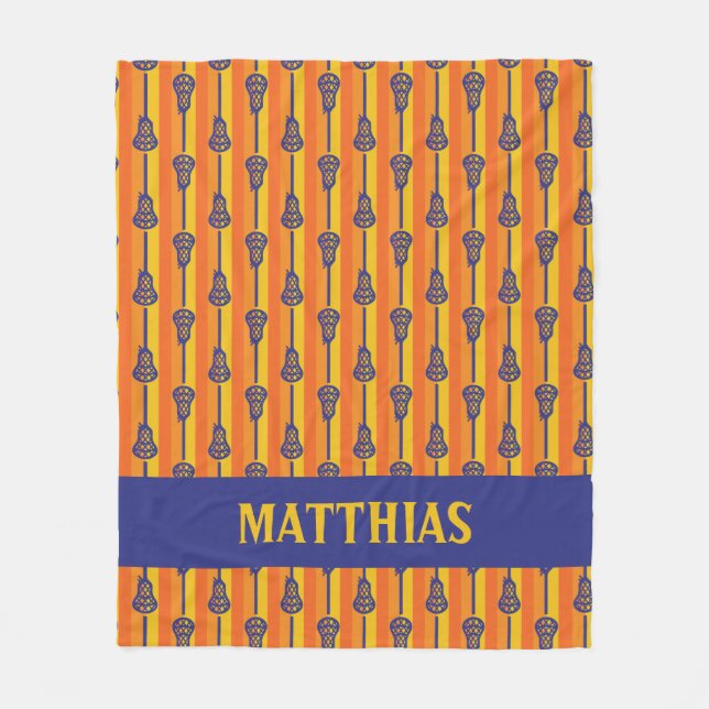 Orange & Purple Retro Lacrosse Sticks and Stripes Fleece Blanket (Front)