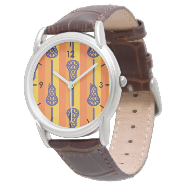 Orange & Purple Retro Lacrosse Sticks and Stripes Watch (Angled)