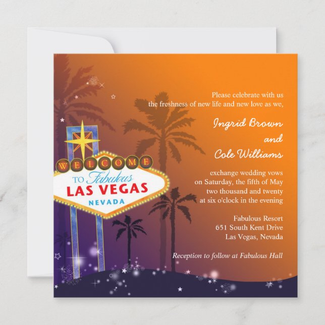 Orange & Purple Twilight Las Vegas Wedding Invitation (Front)
