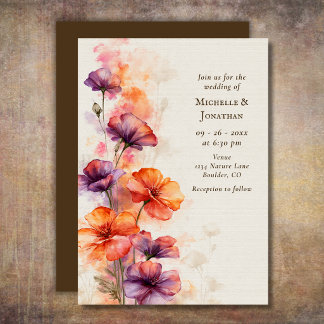 Orange Purple Watercolor Wildflower Floral Wedding Invitation