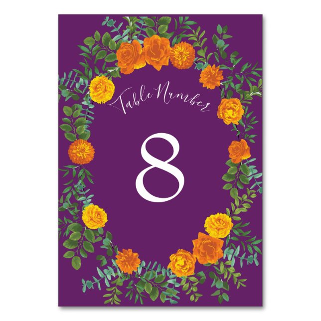 Orange Purple Wedding Roses Floral Table Number (Back)