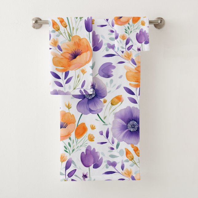 Orange Purple Wildflower Floral Bath Towel Set (Insitu)