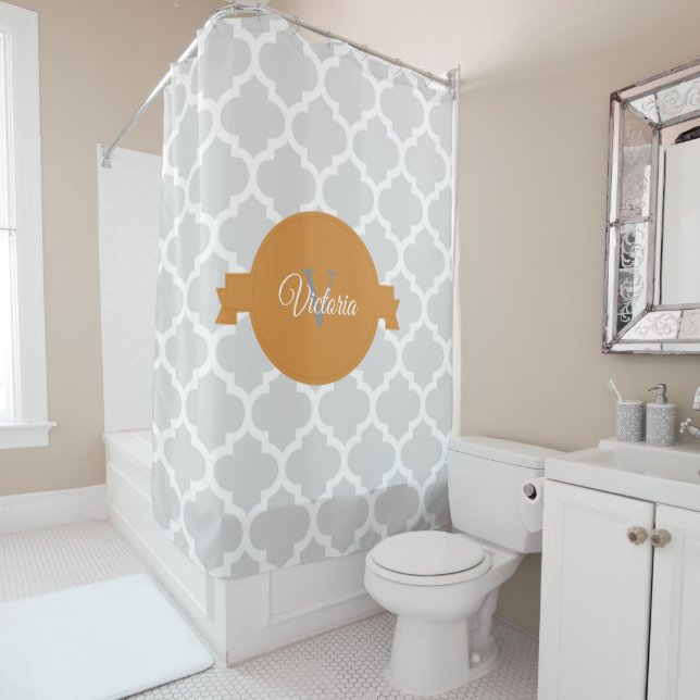 Orange Quatrefoil Personalised Shower Curtain (In Situ)