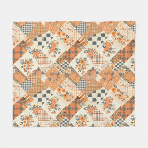 Orange Quilt Patchwork Gingham Cottagecore Floral Fleece Blanket
