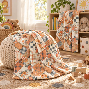 Orange Quilt Patchwork Gingham Cottagecore Floral Fleece Blanket