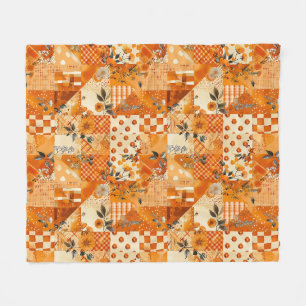 Orange Quilt Patchwork Gingham Cottagecore Floral Fleece Blanket