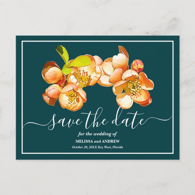 Orange Quince Teal Background Save The Date Postcard (Front)