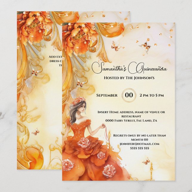 Orange Quinceañera peony ballgown flowers elegant Invitation (Front/Back)