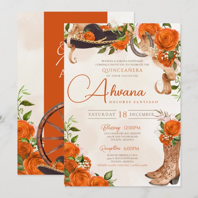 Orange Quinceanera Vintage Charro Western Rose Invitation (Front/Back)