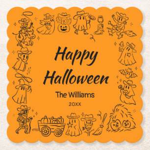 Orange Quirky Hand Drawn Doodles Happy Halloween Paper Coaster