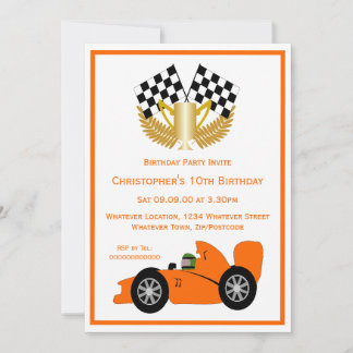 Orange Racing Car Birthday Party Invitation