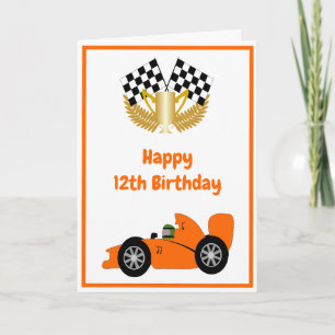 Orange Racing Car Personalised 12th Birthday Card