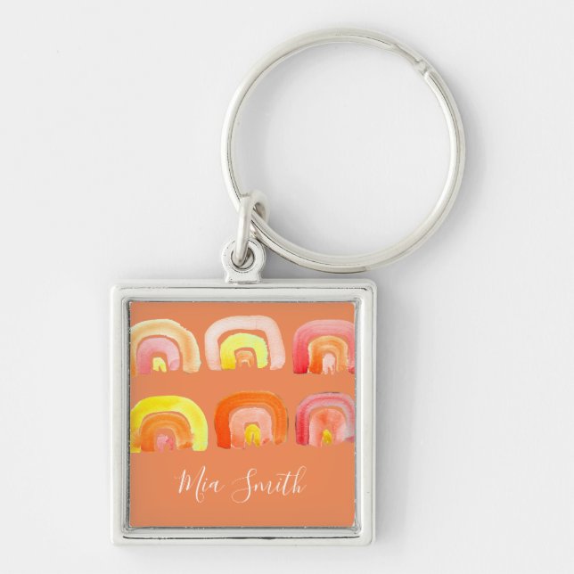 Orange rainbow cute retro art key ring (Front)