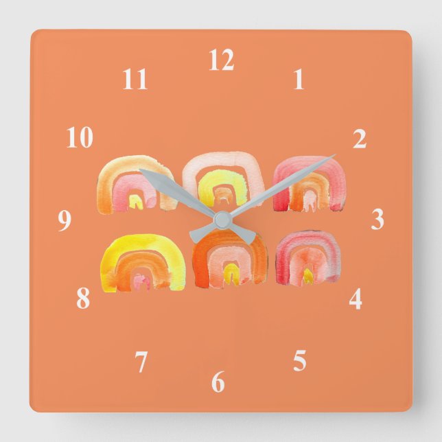 Orange rainbow cute retro art square wall clock (Front)