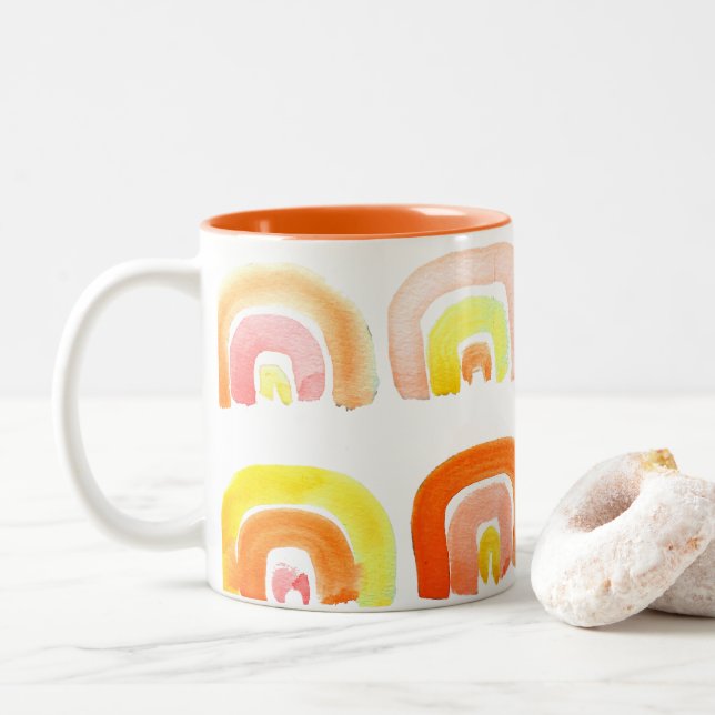 Orange rainbow cute retro art Two-Tone coffee mug (With Donut)