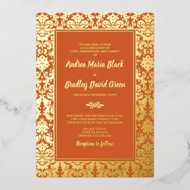 Orange Real Gold Foil Damask Wedding (Front)