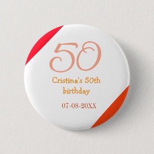 Orange red 50 birthday anniversary add name date p 6 cm round badge