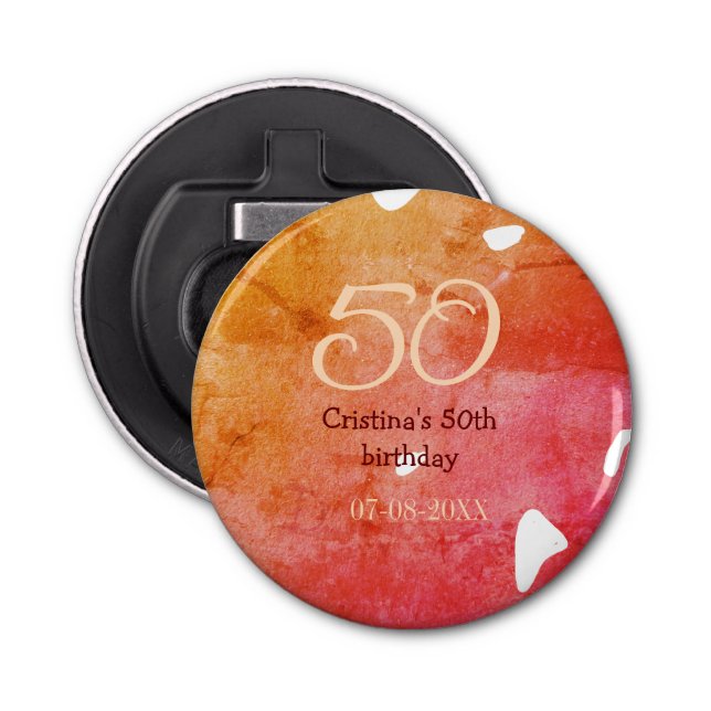 Orange red 50 birthday anniversary add name date p bottle opener (Front)