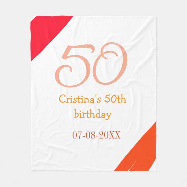 Orange red 50 birthday anniversary add name date p fleece blanket (Front)