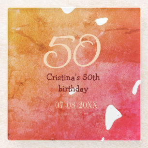 Orange red 50 birthday anniversary add name date p glass coaster
