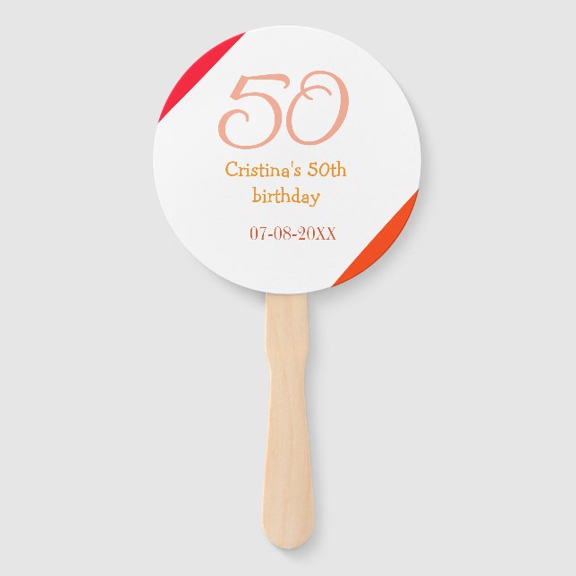 Orange red 50 birthday anniversary add name date p hand fan (Front)