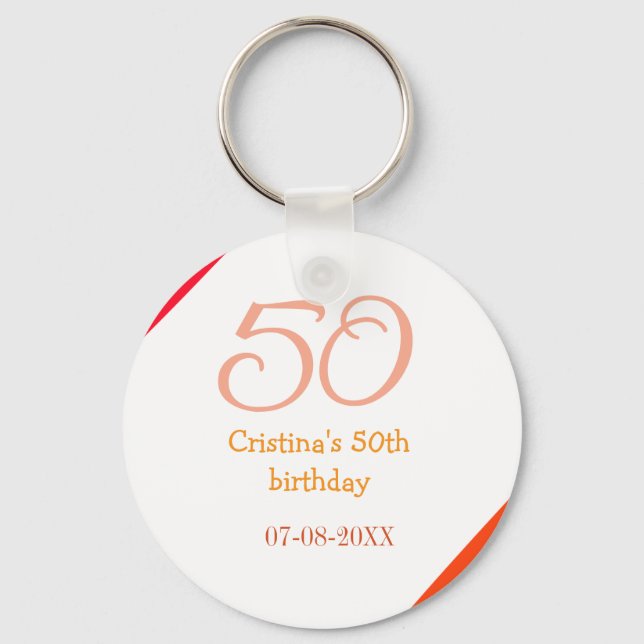 Orange red 50 birthday anniversary add name date p key ring (Front)