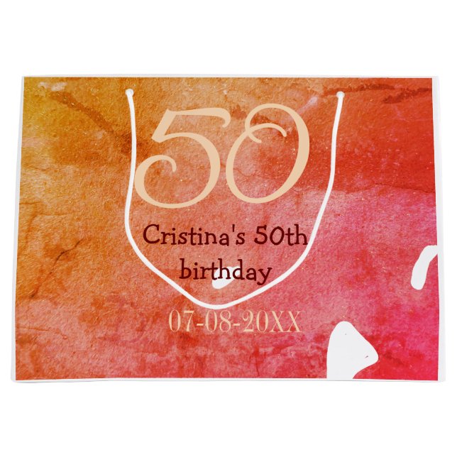 Orange red 50 birthday anniversary add name date p large gift bag (Front)