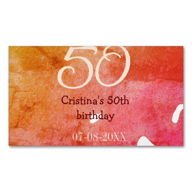 Orange red 50 birthday anniversary add name date p 	Magnetic business card (Front)