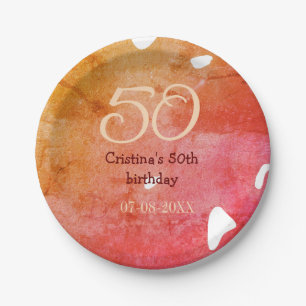 Orange red 50 birthday anniversary add name date p paper plate